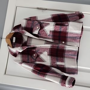 Goodnight  Macaroon plum purple/navy/cream large print plaid shacket jac…